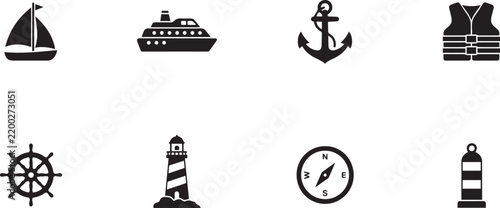 Set of nautical themed icons featuring sailing and maritime equipment with transparent background