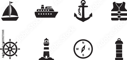 Set of nautical themed icons featuring ships life preservers and navigation tools on transparent background