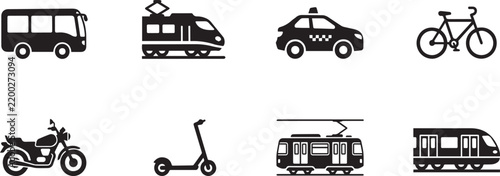 Set of nine different transportation icons featuring bus train car bicycle motorcycle scooter tram helicopter on transparent background