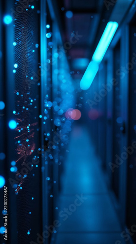 Blue-lit server aisle with glowing data particles floating through the air