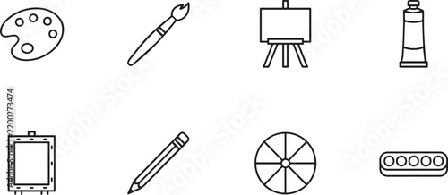 Set of simple line art icons representing various art and drawing supplies on transparent background