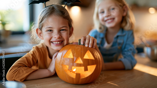 Cute little girls with a carved pumpkin, lovely family getting ready for Halloween, fun-loving children at home, autumn holiday preparation, with copy space