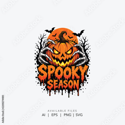 spooky halloween pumpkin logo design, scary jack o lantern halloween logo, spooky season halloween typography design