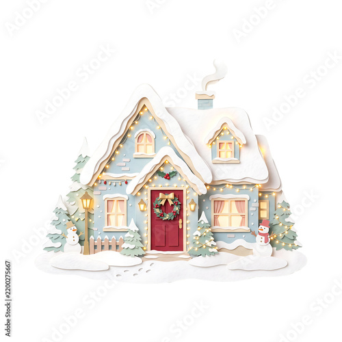 Paper cut craft of a cozy winter cottage covered in snow with glowing string lights, Christmas wreath on the red door, pine trees, and smoke rising isolated on a transparent background.