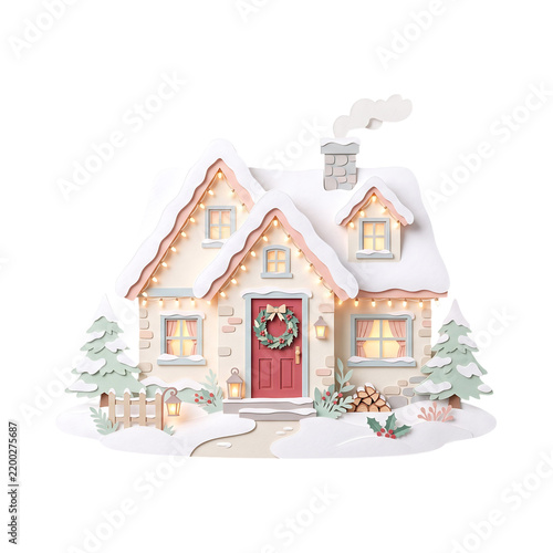 Paper cut craft of a cozy winter cottage covered in snow with glowing string lights, Christmas wreath on the red door, pine trees, and smoke rising isolated on a transparent background.