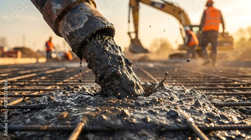 Worker pouring wet concrete at a construction site with heavy machinery