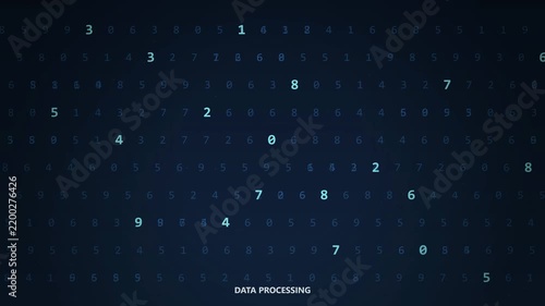 Digital data processing background with scrolling numbers, abstract blue technology grid animation, cyber security and big data concept