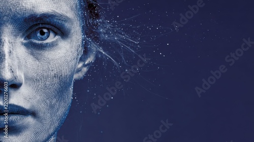 Close up portrait of a humanlike digital avatar against a deep blue background, representing virtual identity, artificial intelligence, synthetic humans and the future of digital communication
