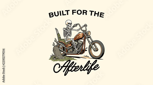 Obraz na płótnie Vintage badass skeleton riding a custom chopper motorcycle leaving a graveyard, retro vector graphic illustration for t-shirt design and apparel branding