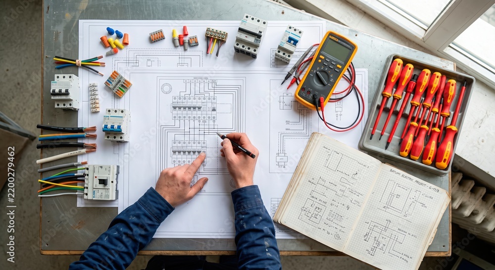 Obraz premium Professional electrician reviewing an electrical wiring diagram with circuit breakers, cables and testing tools on a workbench. Modern electrical installation planning for residential and commercial p