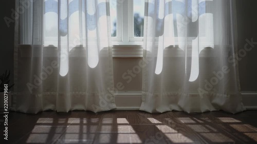 Swaying white sheer curtains moving with cats shifting on windowsill in sunlit room, floor grid