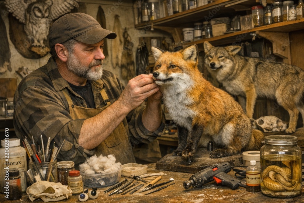 Obraz premium A person handling a plush toy fox, possibly for taxidermy or display