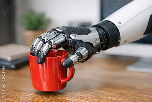 A robotic hand holds a bright red coffee cup, conveying human-like precision and familiarity with everyday objects