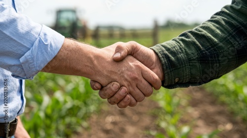 Advisor Engaging in Handshake with Farmer on Agricultural Land Surrounded by Growing Crops in Bright Outdoor Setting