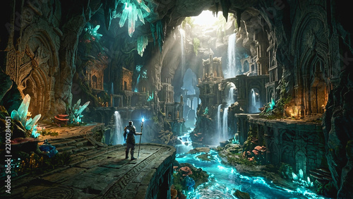 Explorer standing in a glowing crystal cavern with waterfalls and ancient stone architecture