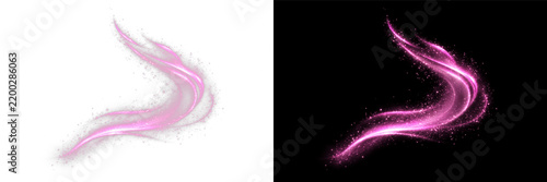 Magenta glow PNG overlay with swirling luminous light streaks, particles and flowing curved trail, on transparent background