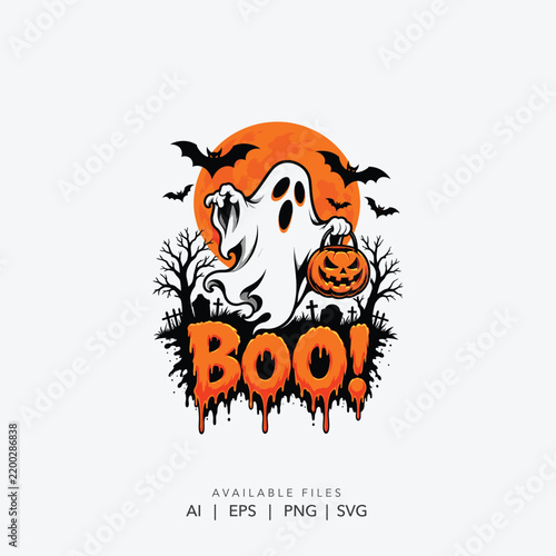 Spooky Halloween Ghost Boo Logo with Pumpkin and Flying Bats, Cute Scary Halloween Ghost Logo with Boo Typography and Jack O Lantern