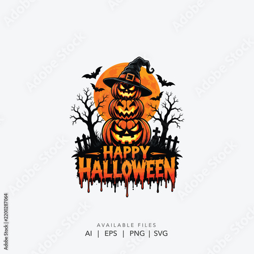 spooky happy halloween pumpkin logo with witch hat, scary halloween jack o lantern typography design