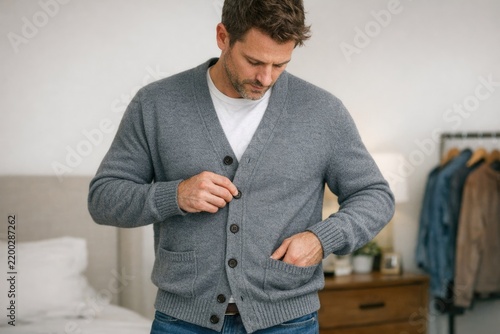 A man adjusts the button on his gray cardigan, looking down at his task