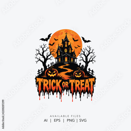 halloween trick or treat haunted house logo, spooky haunted house halloween typography design, scary gothic halloween trick or treat graphic