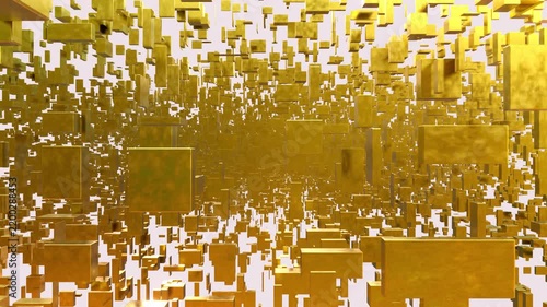 A sci-fi animation in which 600,000 3D cubes, each with random height, width, and depth dimensions, fly through the air in a regular pattern. Each cube is a procedurally rendered geometric object.