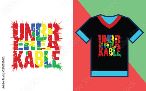 Unbreakable typography print with paint splatter effect on a black v-neck t-shirt featuring multicolored letters