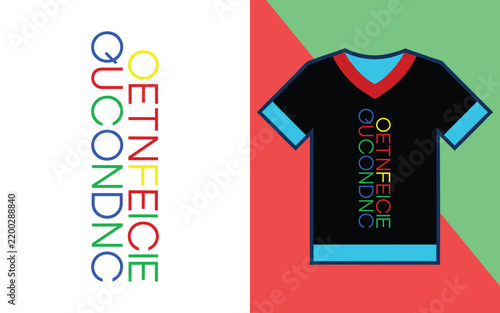 Vertical colorful text featuring the words oetnfeicie qucon dnc displayed on a black t-shirt apparel mockup