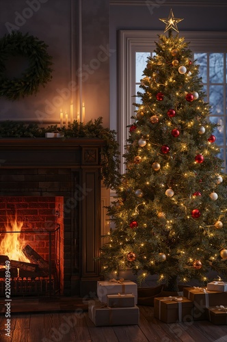 Warm Holiday Setting With Christmas Tree and Fireplace