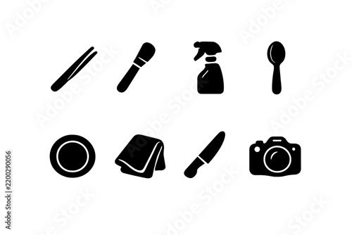 Food Styling Icons. Food photography styling tools. Filled icon set of Food photography styling tools: