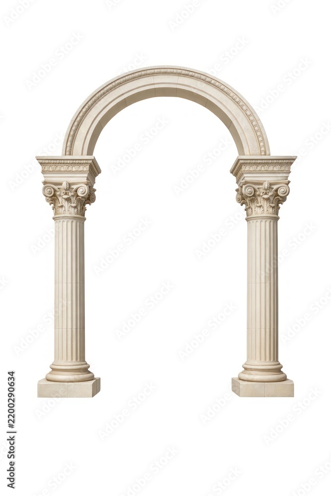 Obraz premium Ornate classical stone archway with two fluted columns on white background
