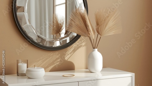 Arrangement of Dried Plants in a White Vase on a Table Near a Round Mirror