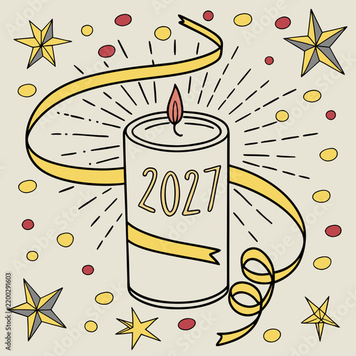New Year 2027 Festive Candle and Sparkle Illustration