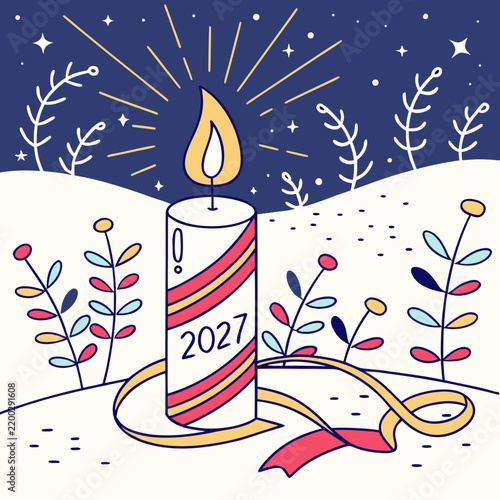 New Year 2027 Festive Candle and Sparkle Illustration
