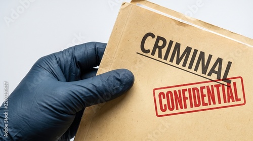Close up of a hand in black glove holding a criminal confidential folder