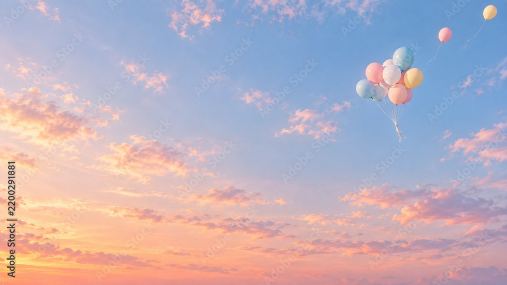 Fototapeta premium Pastel Balloons Floating in Dreamy Pink and Blue Sky with Copy Space
