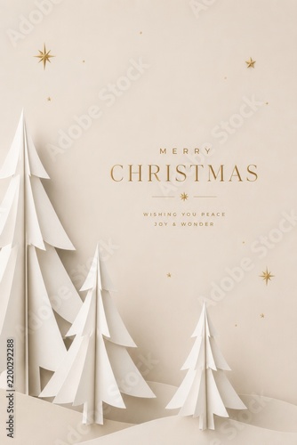 Minimal Christmas greeting card with white paper trees, golden stars and elegant festive message
