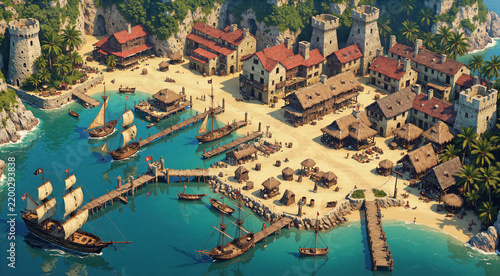 Island Pirate Fortress and Harbor Bay Isometric RTS Concept