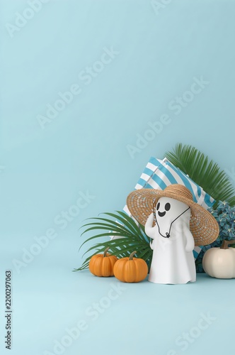 Decorative Ghost Figure Among Pumpkins and Plants for Autumn Season