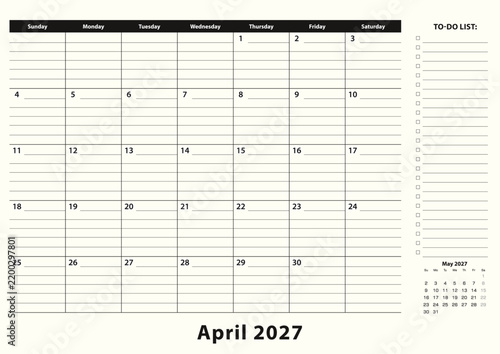 April 2027 Monthly Business Desk Pad Calendar.