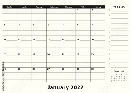 January 2027 Monthly Business Desk Pad Calendar.