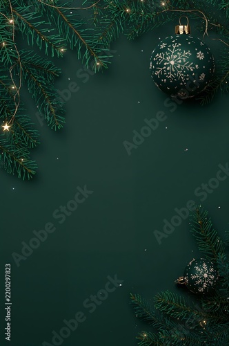Green Background With Christmas Decorations and Pine Branches