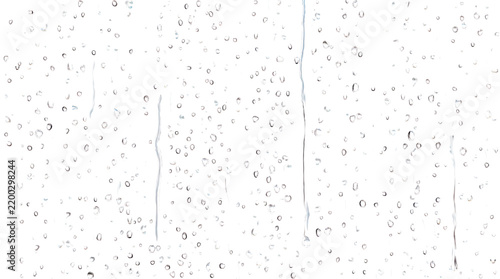 Rain water drops droplets, raindrop on transparent wet clear window surface - Crystal fresh liquid aqua texture. Bubbles & moisture reflection on clear glass surface.
