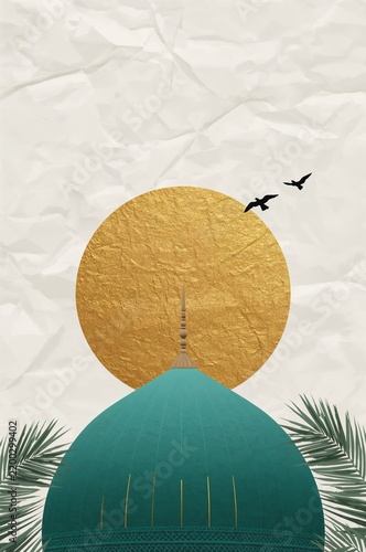 Golden Sun Behind a Green Dome With Birds Flying Above and Palm Leaves in the...