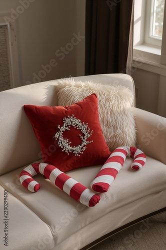 Cozy Holiday Decor With a Red Pillow and Striped Candy Cane Pillows on a Whit...