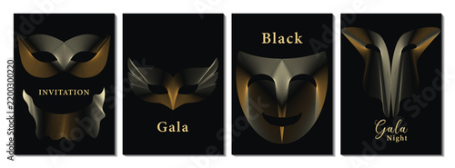 luxury gala invitation card background vector set with masks icons isolated on black art