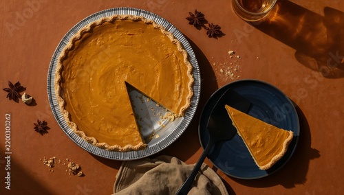 Pumpkin Pie With One Slice Removed Next to a Dark Plate on a Brown Surface