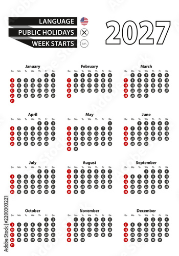 English calendar 2027 with numbers in circles, week starts on Sunday.