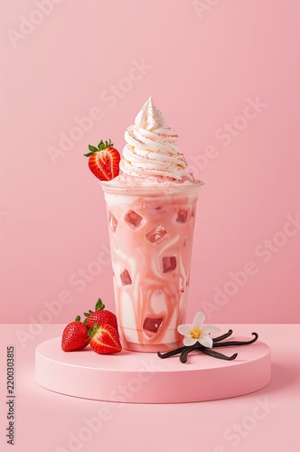 Strawberry Drink With Whipped Cream and Fresh Strawberries on a Pink Background