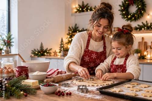 Mother and Daughter Baking Christmas Cookies Together at Home