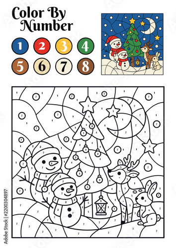 Christmas Color by Number Educational Activity Sheet for Kids